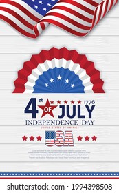 United states of America happy independence day greeting card, banner, horizontal vector illustration. USA holiday 4th of July design element with American flag with curve