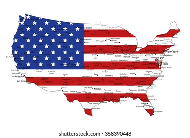 United States of America highly detailed political map with national flag isolated on white background.