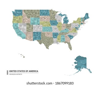 The United States of America  higt detailed map with subdivisions. Administrative map of The United States of America , USA with districts and cities name, colored by states 