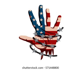 United States Of America Humanity Freedom Illustration - American Hand Seeking For Help Surrounded By Barb Wire