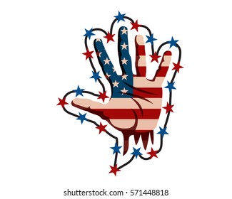 United States Of America Humanity Freedom Illustration - American Hand Seeking For Help Surrounded By Barb Wire