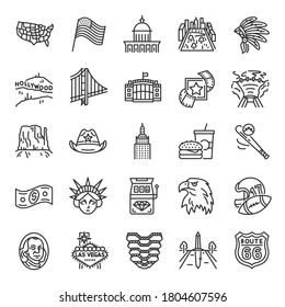 United States Of America, Icon Set. American Traditions, Landmark, Clothing, Buildings, Linear Icons. Line With Editable Stroke