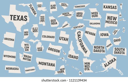 United States of America icons. Set of 50 map state icons with names isolated on blue background. USA. Vector illustration.