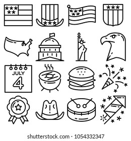 united states of america independence day black and white line icon vector set 