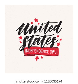 United States of America Independence Day lettering written with cursive calligraphic font and decorated with ribbon. Handwritten holiday inscription isolated on light background. Vector illustration