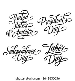 United States of America, Independence Day, Labor Day and President's Day. American national holidays lettering set. Vector illustration.