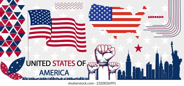 United States of America Independence Day with Statue of Liberty geometric web banner for 4th of July. USA flag Red Blue White modern abstract retro background with American Vector Illustration.