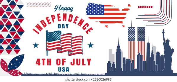 United States of America Independence Day with Statue of Liberty geometric web banner for 4th of July. USA flag Red Blue White modern abstract retro background with American Vector Illustration.