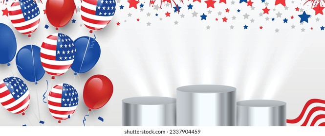 United states of america independence day empty copy space banner background with usa balloon, stars, and cylinder podium. Vector illustration.