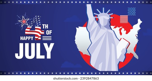 United States of America Independence Day banner background template design with the Statue of Liberty and usa map. 4th of July greeting flyer design. Vector illustration.