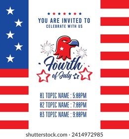 United states of america independence day banner background invitation design with star, stripe, eagle, and event topic name. Vector illustration.