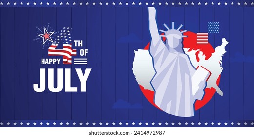 Vereinigte Staaten von Amerika Unabhängigkeit Tag Banner Hintergrund-Design mit der Statue der Freiheit und usa Karte. 4. Juli Grußflyer Design. Vektorgrafik.
