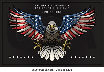 Afiche del Día de la Independencia de los Estados Unidos de América el 4 de julio con el águila calva de los Estados Unidos todo en Ilustración vectorial.