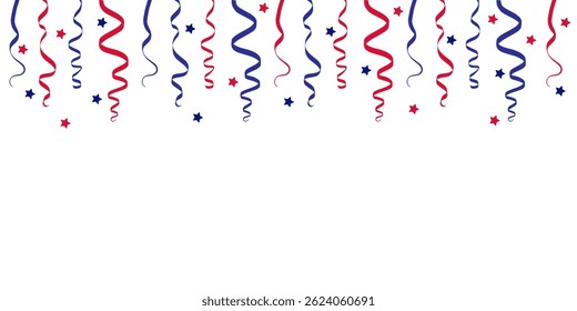 United States of America Independence Day confetti with a stars and sparks . Red,blue and white confetti border or banner. Fireworks for 4th of July .USA sparkling falling glitter background.
