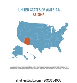 United States of America isolated map and Arizona state territory. USA political map illustration template. geographic banner design