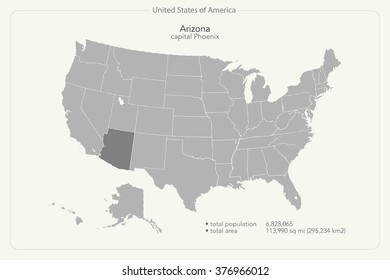 United States of America isolated map and Arizona state territory. vector USA political map. geographic banner template