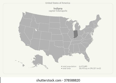 United States of America isolated map and Indiana State territory. vector USA political map. geographic banner template