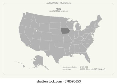 United States of America isolated map and Iowa State territory. vector USA political map. geographic banner template