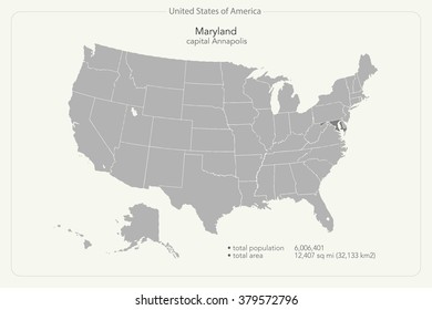 United States of America isolated map and Maryland State territory. vector USA political map. geographic banner design
