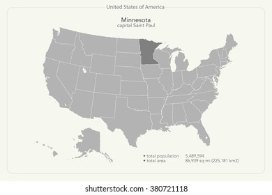 United States of America isolated map and Minnesota State territory. vector USA political map. geographic banner template