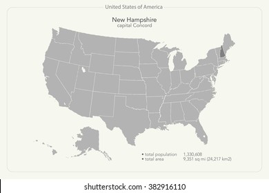 United States of America isolated map and New Hampshire State territory. vector USA political map. geographic banner template