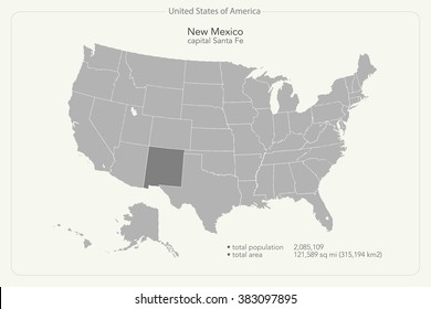 United States of America isolated map and New Mexico State territory. vector USA political map. geographic banner template