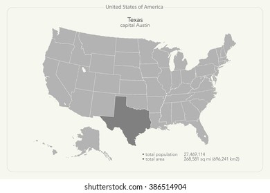 United States of America isolated map and Texas State territory. vector USA political map. geographic banner template