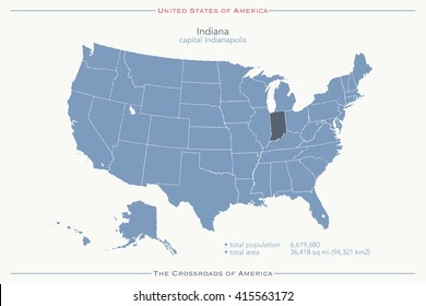 United States of America isolated map and Indiana State territory. vector USA political map. geographic banner template