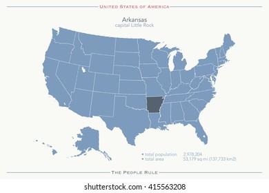 United States of America isolated map and Arkansas state territory. vector USA political map. geographic banner design