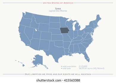 United States of America isolated map and Iowa State territory. vector USA political map. geographic banner template