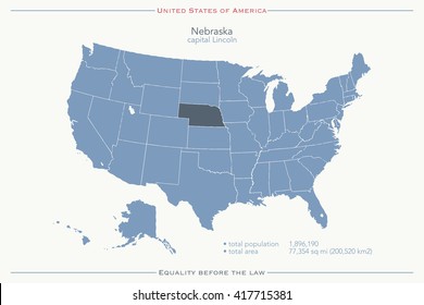 United States of America isolated map and Nebraska State territory. vector USA political map. geographic banner template