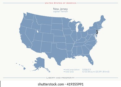 United States of America isolated map and New Jersey State territory. vector USA political map. geographic banner template