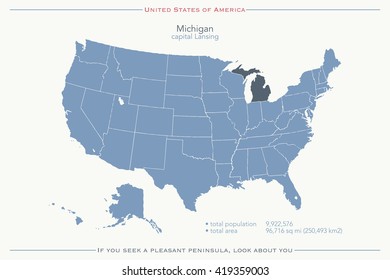 United States of America isolated map and Michigan State territory. vector USA political map. geographic banner template