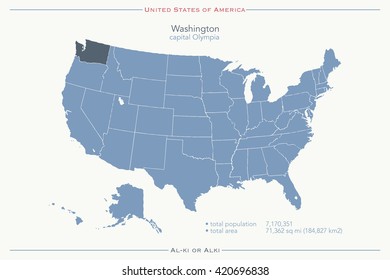 United States of America isolated map and Washington State territory. vector USA political map. geographic banner template