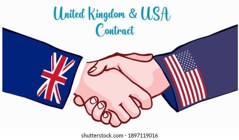 United States of America and United kingdom flags hands shaking hands. USA and England, great Britain, UK. handshake contact. Hand shake, Agreement, deal, accord, pact drawing vector illustration