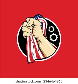 United States of America labor day graphic vector illustration with hands holding United States flag symbolizing strength. Logo design on red background