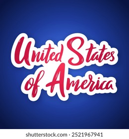 United States of America lettering. Red and white US typography on blue background.
