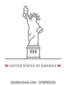 United States of America line icon. Statue of Liberty and US flag vector illustration.