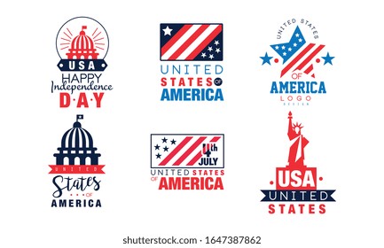 United States of America Logo Design Collection, Happy Independence Day Labels Vector Illustration