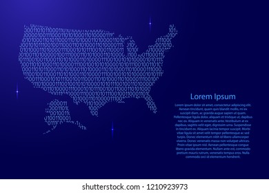 United States of America map abstract schematic from blue ones and zeros binary digital code with space stars for banner, poster, greeting card. Vector illustration.