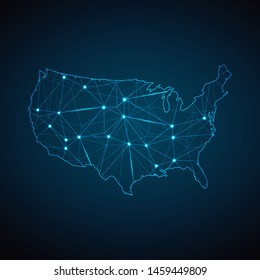 United States Of America Map - Abstract Geometric Mesh Polygonal Network Line, Structure And Point Scales On Dark Background With Lights In The Form Of Cities. Vector Illustration Eps 10.