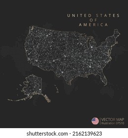 United States of America map abstract geometric mesh polygonal light concept with black and white glowing contour lines countries and dots on dark background. Vector illustration.