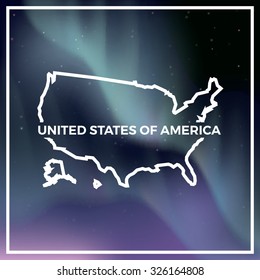 United States of America map against the backdrop of polar lights on the starry sky. Aurora Borealis abstract vector background. EPS10 contains transparency, mesh gradients used.