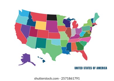 United States of America Map. All States Divided By Color. Colorful Administrative Map of USA. Infographic Design, Geographic Border. It Suitable for Political, Poster, aEducation. Vector Illustration