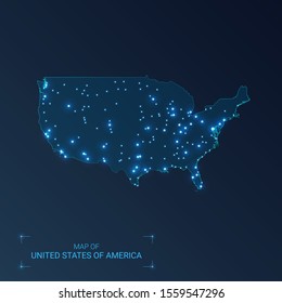 United States of America map with cities. Luminous dots - neon lights on dark background. Vector illustration. 