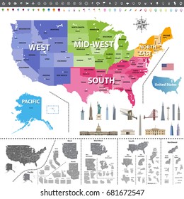 United States of America map colored by regions. Navigation, location icons; flag and landmarks of United States. All elements separated in detachable and labeled layers. Vector set 