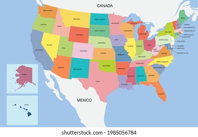 United States Of America Map. Colorful USA map with states and capital city. Colorful USA Map with States Concept Flat Design. USA administrative map