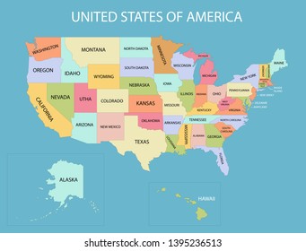 United States America map with colors and names of states.Blue background.Vector Illustration.