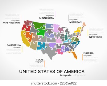 United states of america map concept infographic template with states made out of puzzle pieces