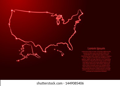 United States of America map from the contour red brush lines different thickness and glowing stars on dark background. Vector illustration.